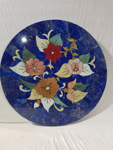 Handcrafted Lapis Lazuli Floral Inlay Round Tabletop – Semi-Precious Stone Art